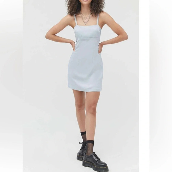 Urban Outfitters Baby Blue Wesley Satin Straight Neck Slip‎ Mini Dress - Picture 1 of 8